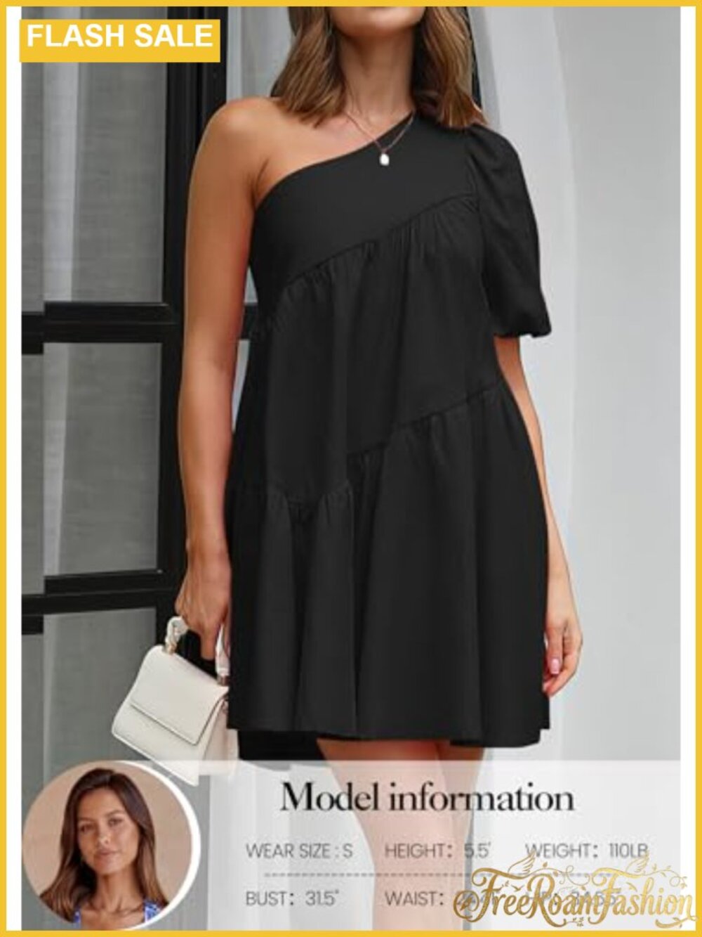 Womens One Shoulder Puff Sleeve Babydoll Mini Dress Tiered A-Line - Picture 3 of 6